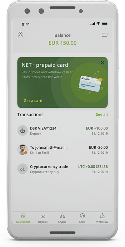 Net+ card phone app screen