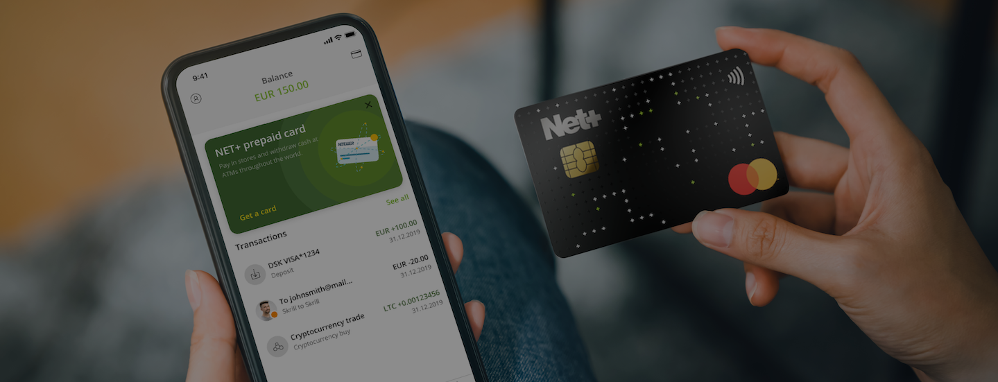 Net+ prepaid Mastercard and phone with NETELLER app screen